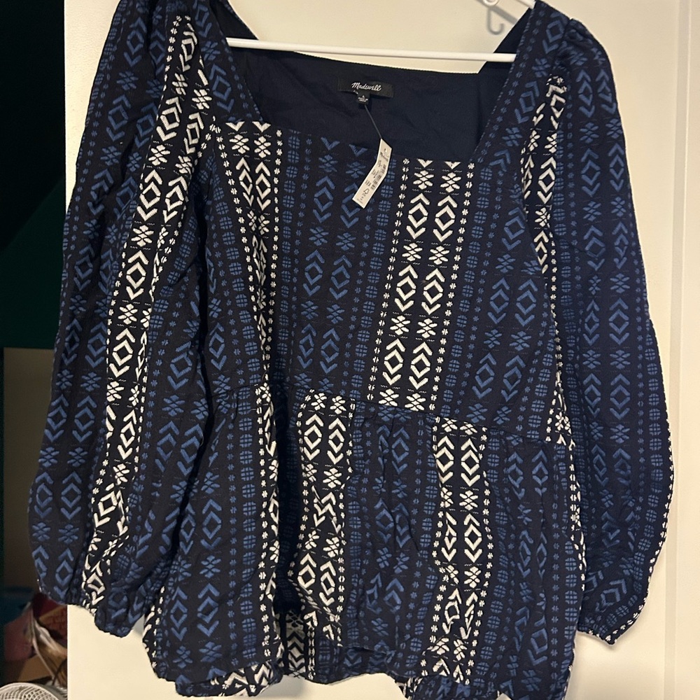 Madewell Lightspun Millbrook Puff Sleeve Peplum Top in Geo Print size L NWT